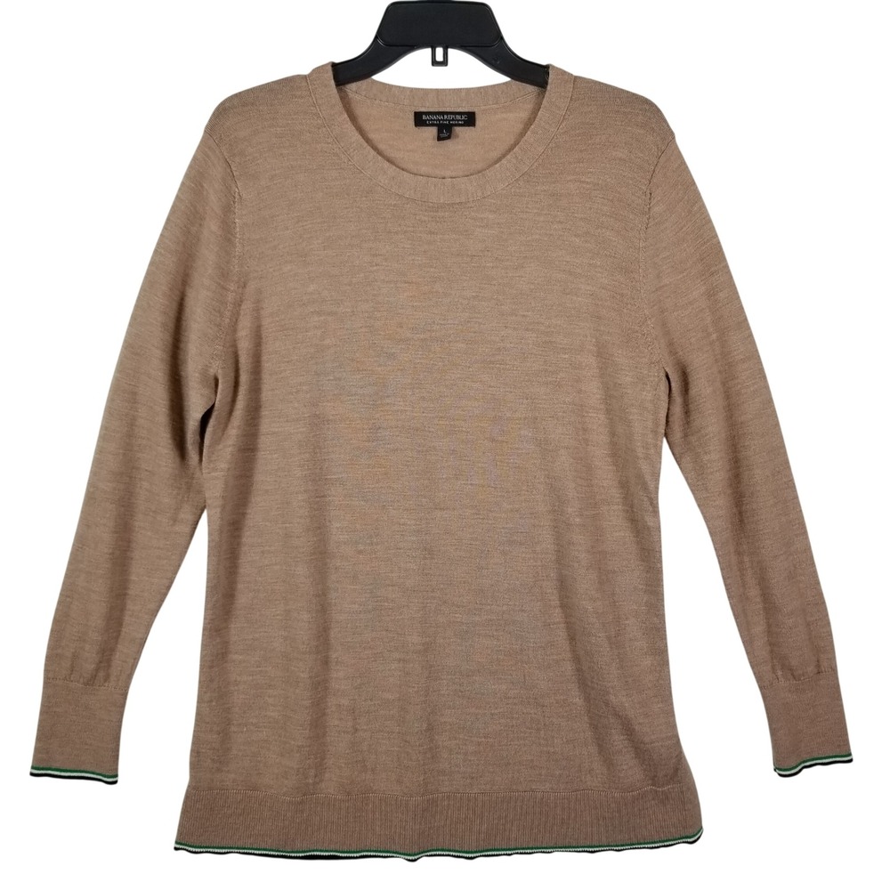 Banana Republic Extra Fine Merino Wool Crewneck Sweater Tan Green Stripe Large